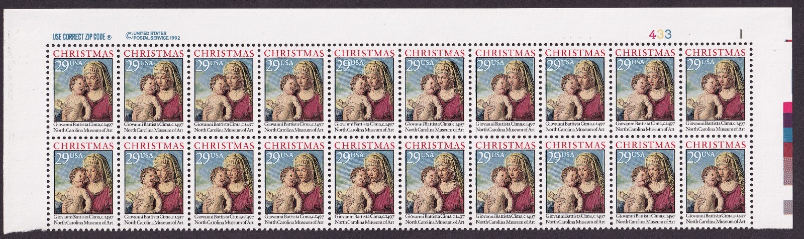 Scott #2789 Madonna & Child (Cima) Plate Block of 20 Stamps - MNH P#433-1 UR