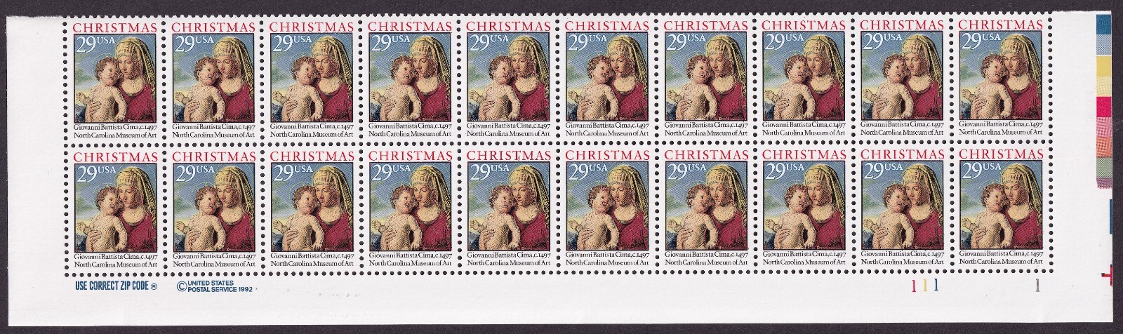 Scott #2789 Madonna & Child (Cima) Plate Block of 20 Stamps - MNH P#111-1 LR