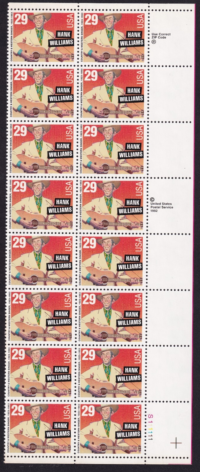 Scott #2723 Hank Williams Plate Block of 20 Stamps - MNH