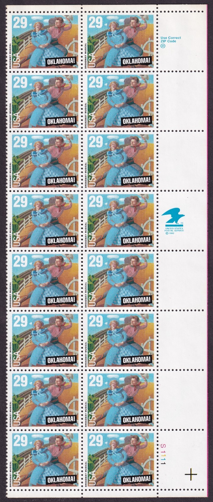 Scott #2722 Oklahoma! Musical Plate Block of 16 Stamps - MNH