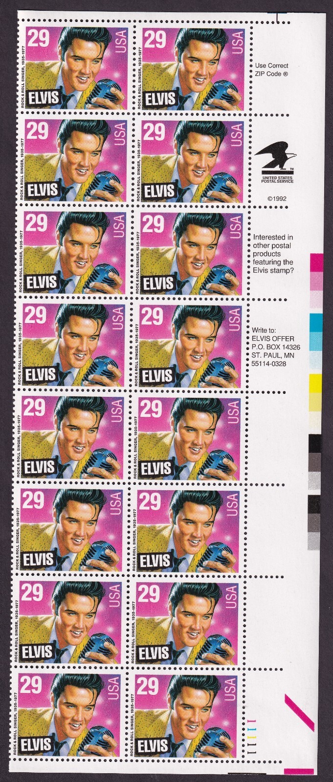 Scott #2721 Elvis Presley King of Rock & Roll Plate Block of 16 Stamps - MNH