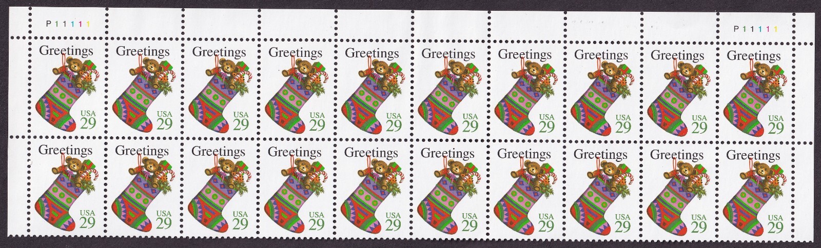 Scott #2872 Christmas Stocking Plate Block of 20 Stamps - MNH Top