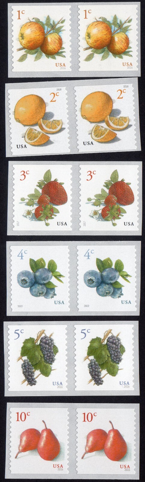 Scott #5201-5037-5038-5039-5256-5653 All (6) Fruit Coil Pair of Stamps - MNH
