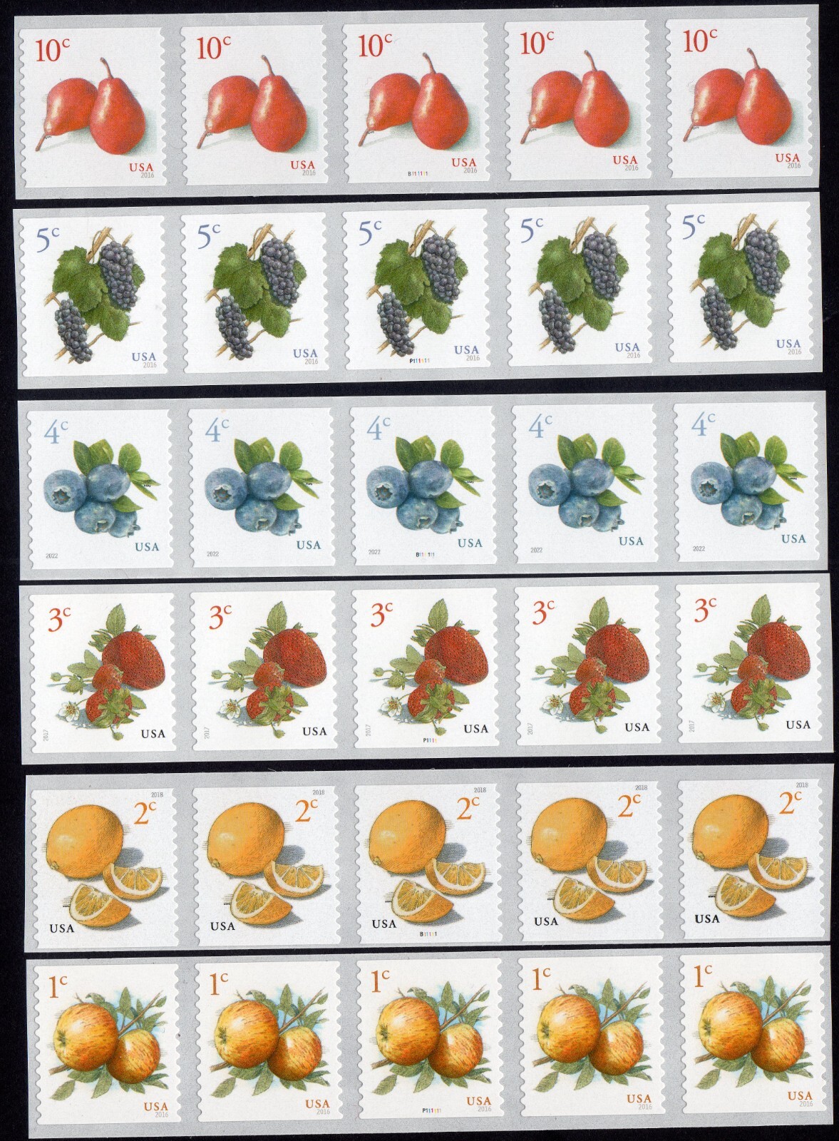 Scott #5201-5037-5038-5039-5256-5653 (6) Fruit Plate # Coil of 5 Stamps MNH PNC5