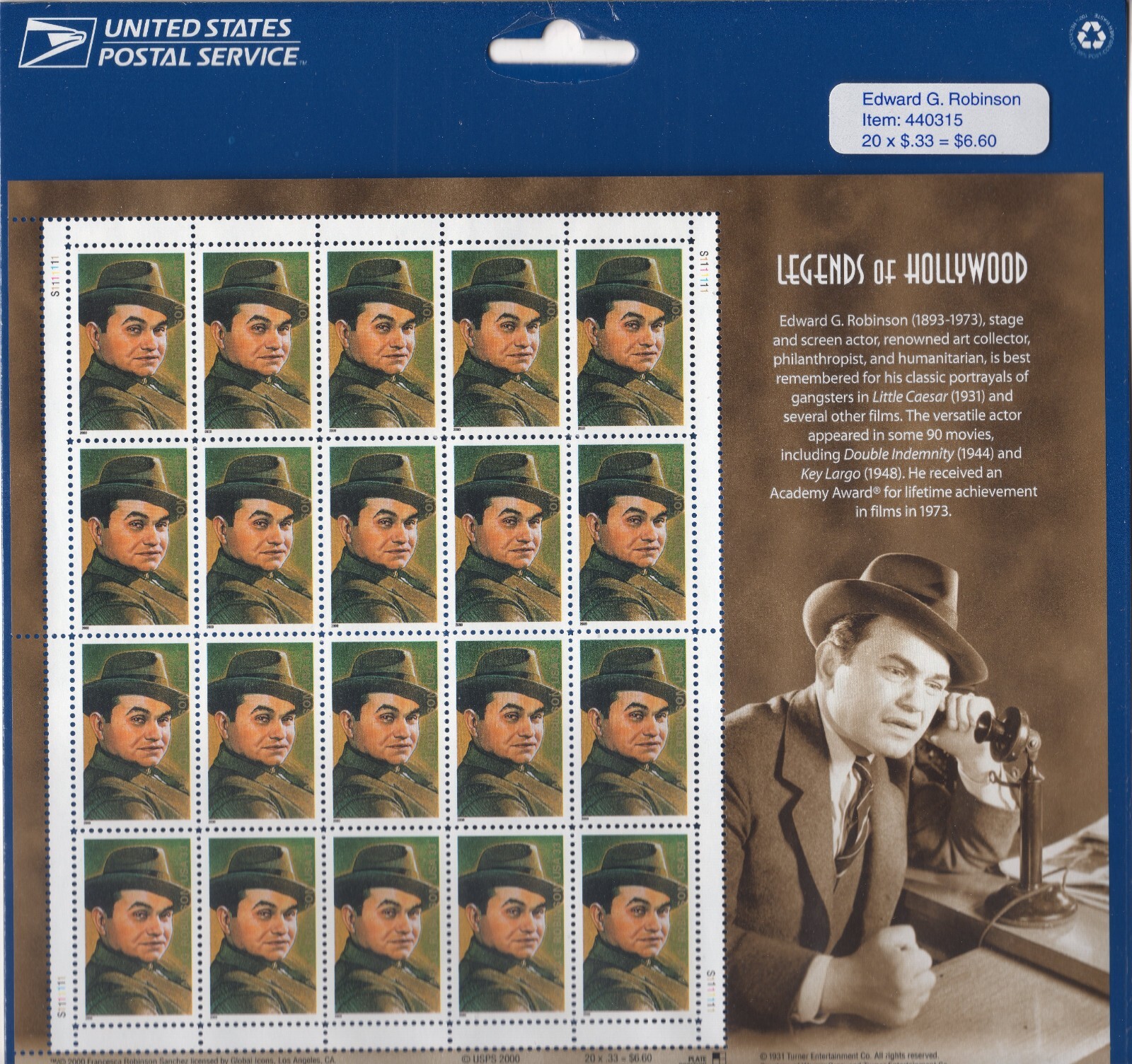 Scott #3446 Edward G. Robinson Sheet of 20 Stamps - Sealed Blue