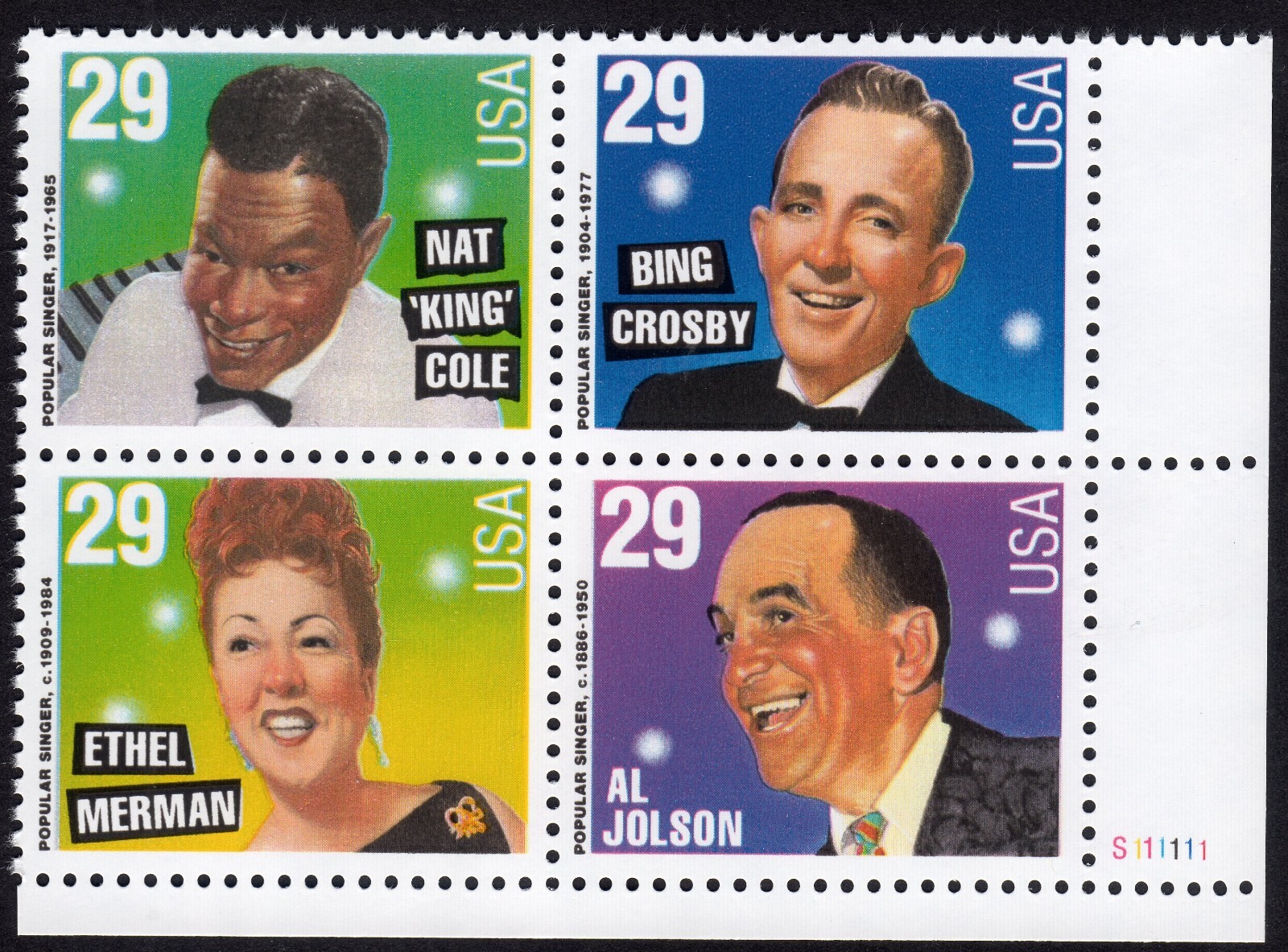 Scott #2849-2853 sans 2851) Popular Singers (Bing Cosby) Block of 4 Stamps - MNH