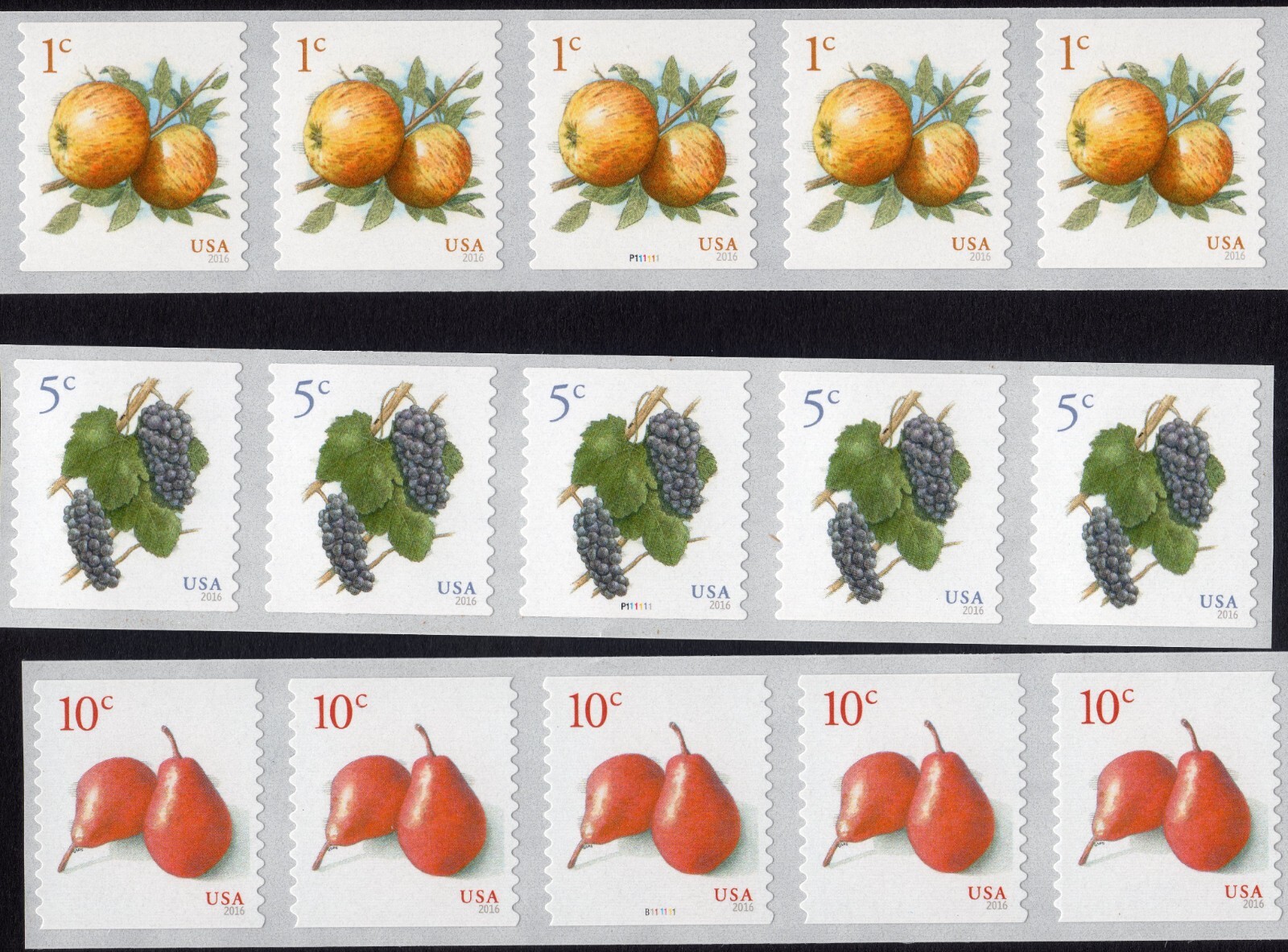 Scott #5037-5038-5039 Apples Grapes Red Pears Plate # Coil of 5 Stamps MNH PNC5
