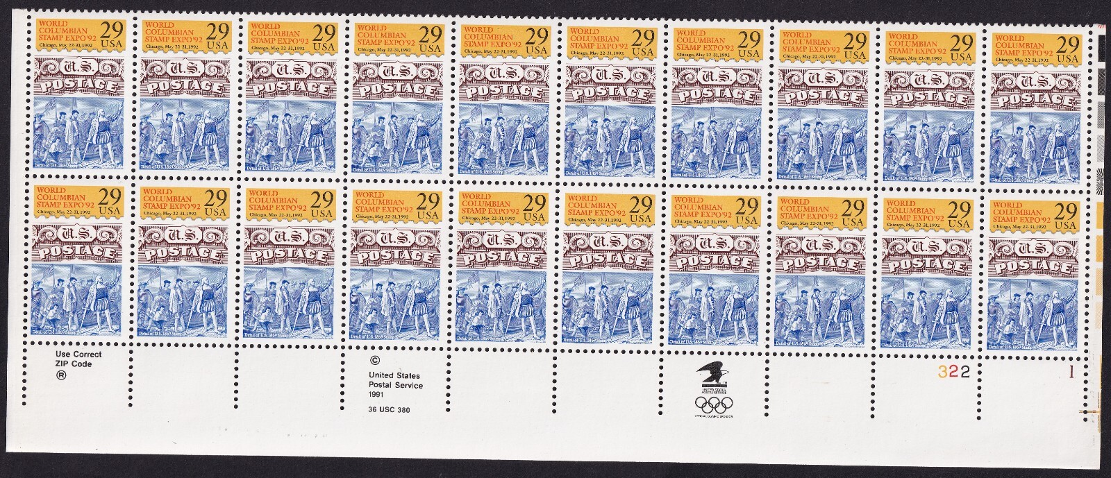 Scott #2616 World Columbian Expo Plate Block of 20 Stamps - MNH LR