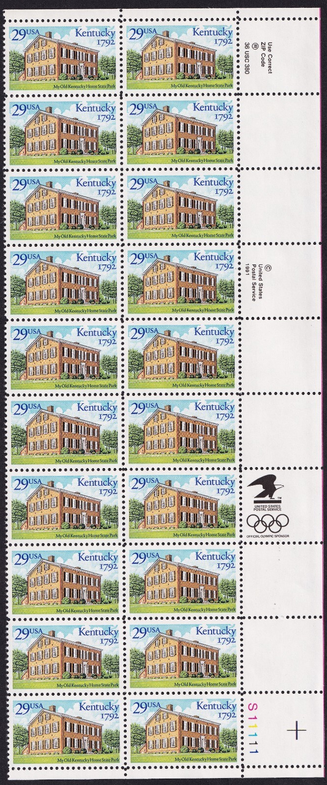 Scott #2636 29¢ Kentucky Statehood Plate Block of 20 Stamps - MNH LR