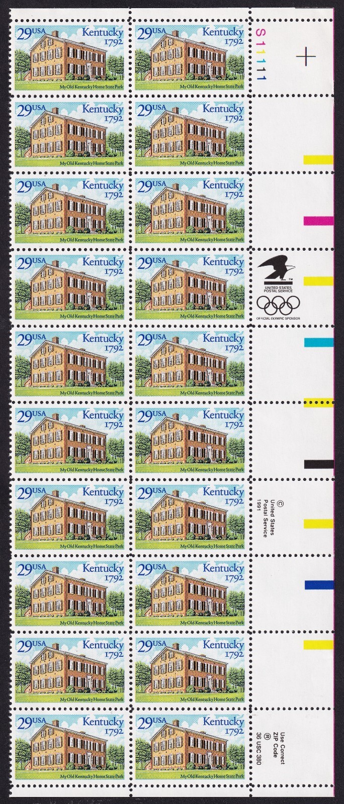 Scott #2636 29¢ Kentucky Statehood Plate Block of 20 Stamps - MNH UR