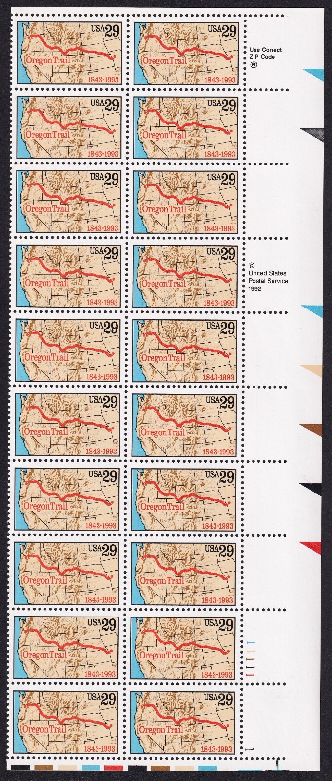 Scott #2747 29¢ Oregon Trail Plate Block of 20 Stamps - MNH LR
