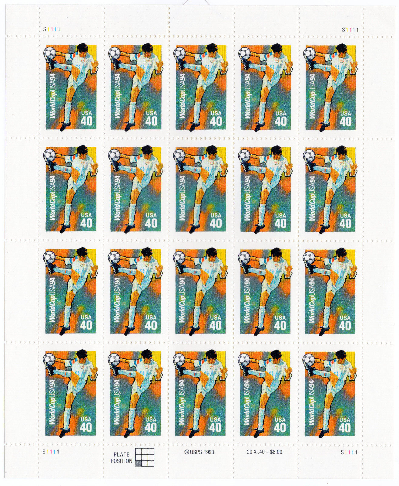 Scott #2835 World Cup Soccer 40c Sheet of 20 Stamps - MNH