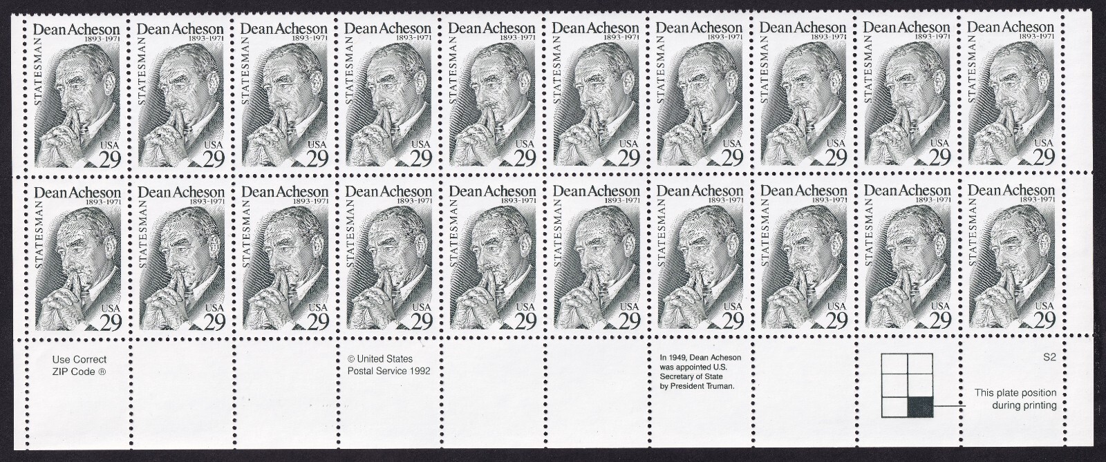 Scott #2755 29¢ Dean Acheson Plate Block of 20 Stamps - MNH LR