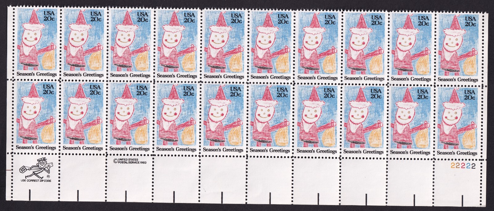 Scott #2108 Children's Santa Damaged Plate Block of 20 Stamps - MNH PC#6