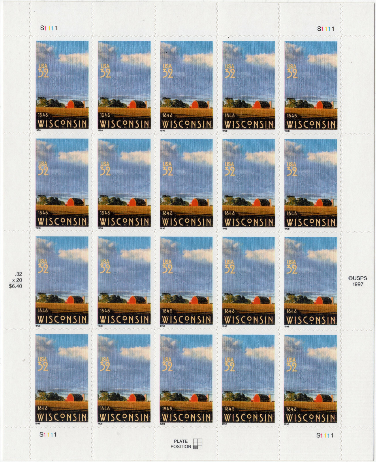 Scott #3206 Wisconsin Sheet of 20 32¢ Stamps - MNH