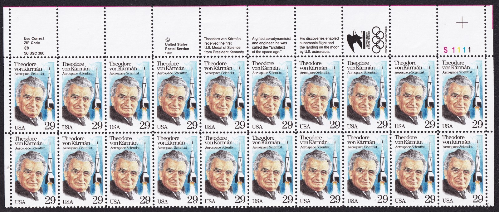 Scott #2699 Theodore von Karman (Rocket Scientist) Plate Block of 20 Stamps MNH