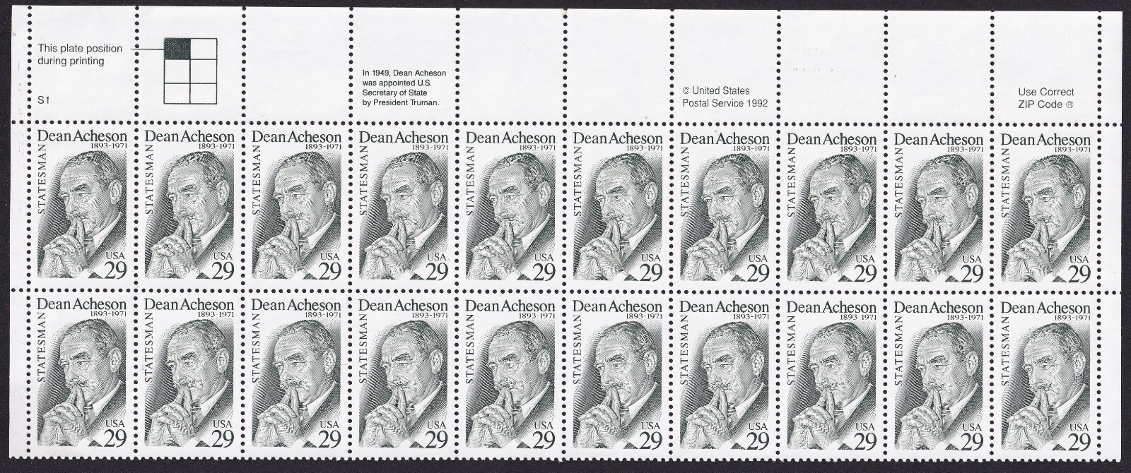 Scott #2755 29¢ Dean Acheson Plate Block of 20 Stamps - MNH UL