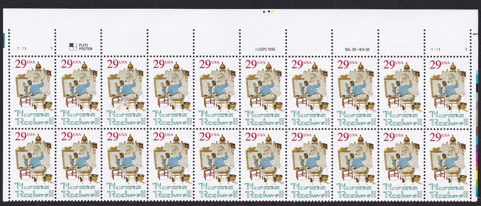 Scott #2839 29¢ Norman Rockwell Plate Block of 20 Stamps - MNH Top #1