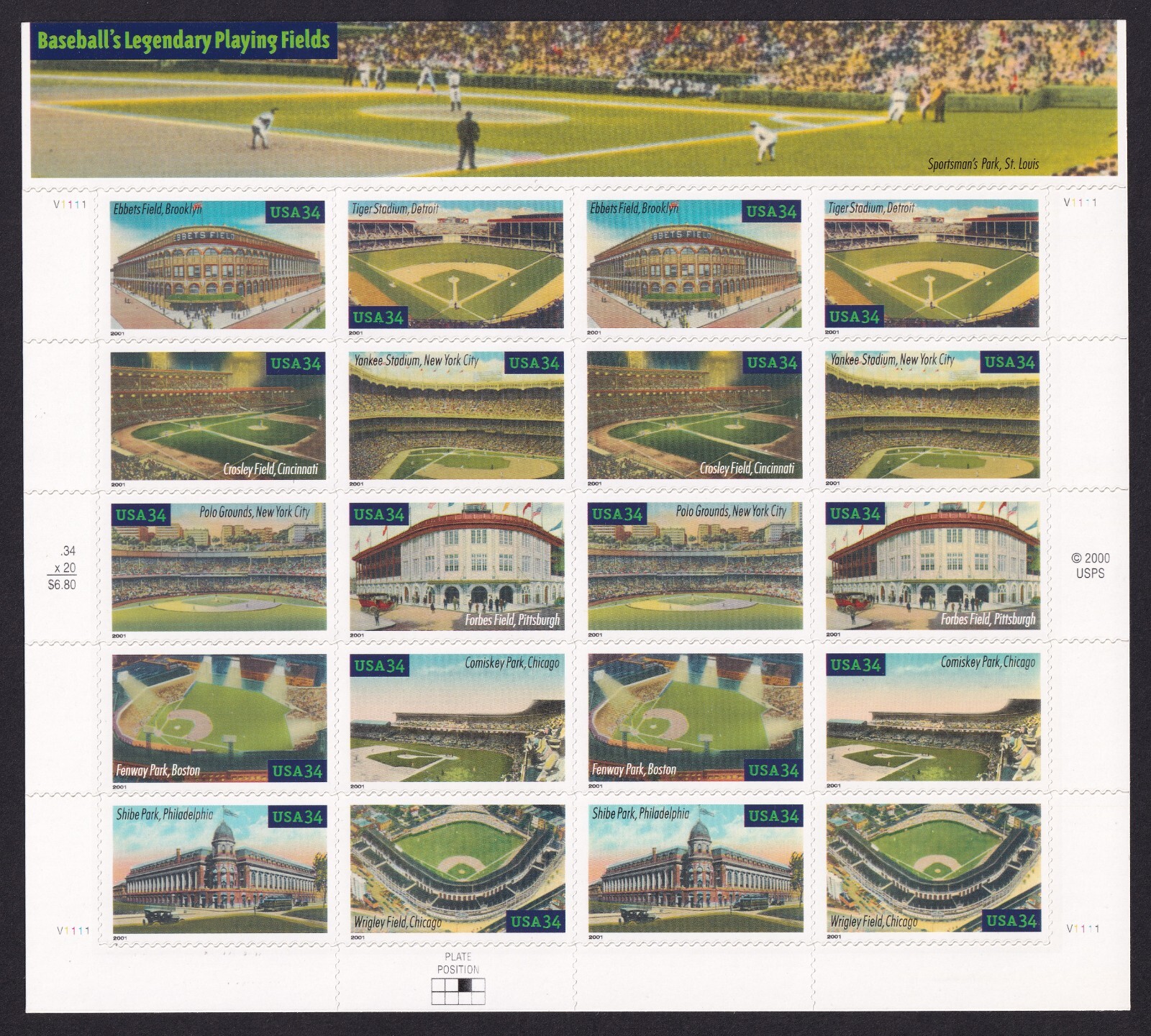 Scott #3519a Baseball Fields (Mickey Mantle-Yankee Stadium) Sheet of 20 Stamps