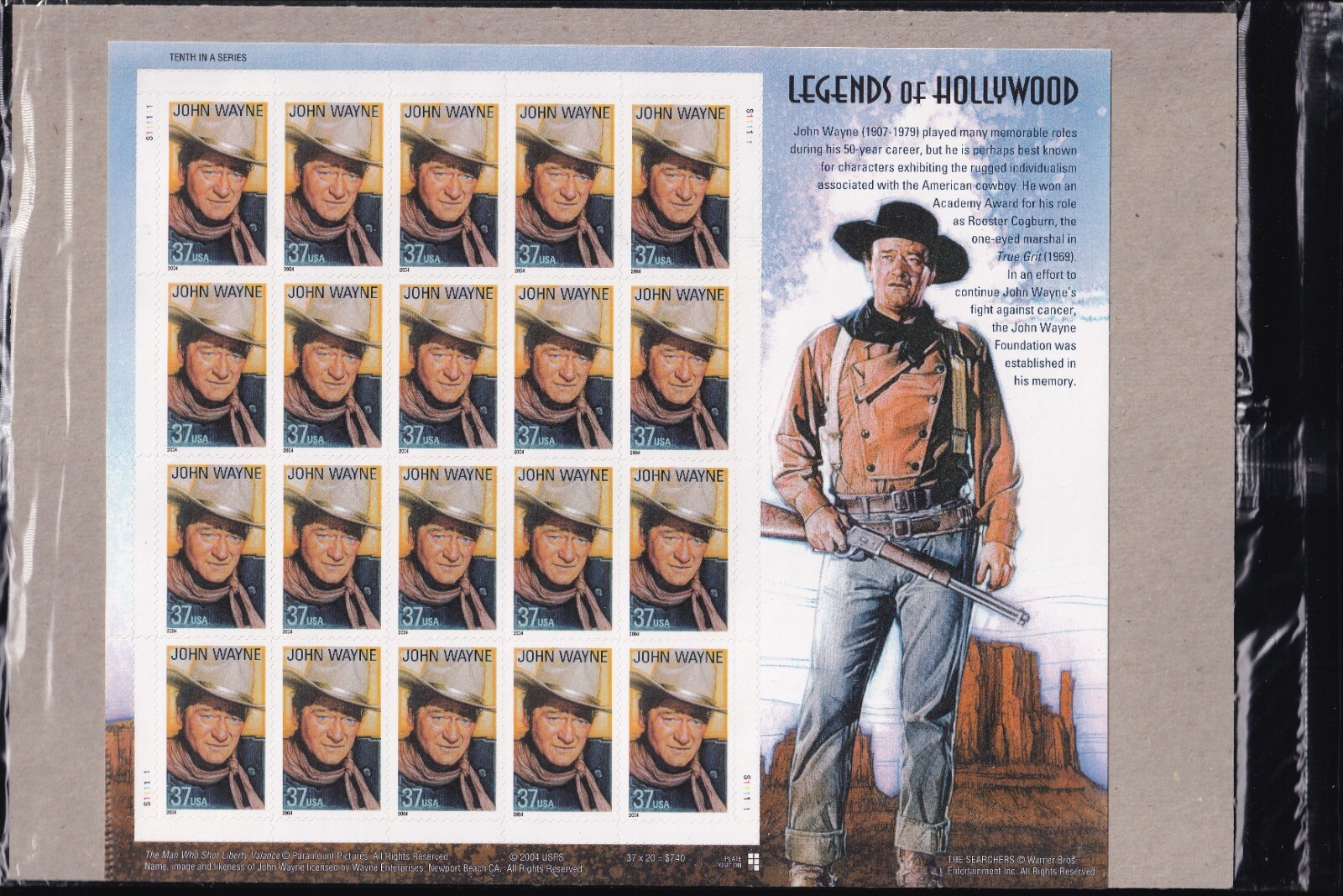 Scott #3876 37¢ Legends of Hollywood John Wayne Sheet of 20 Stamps Sealed Brown