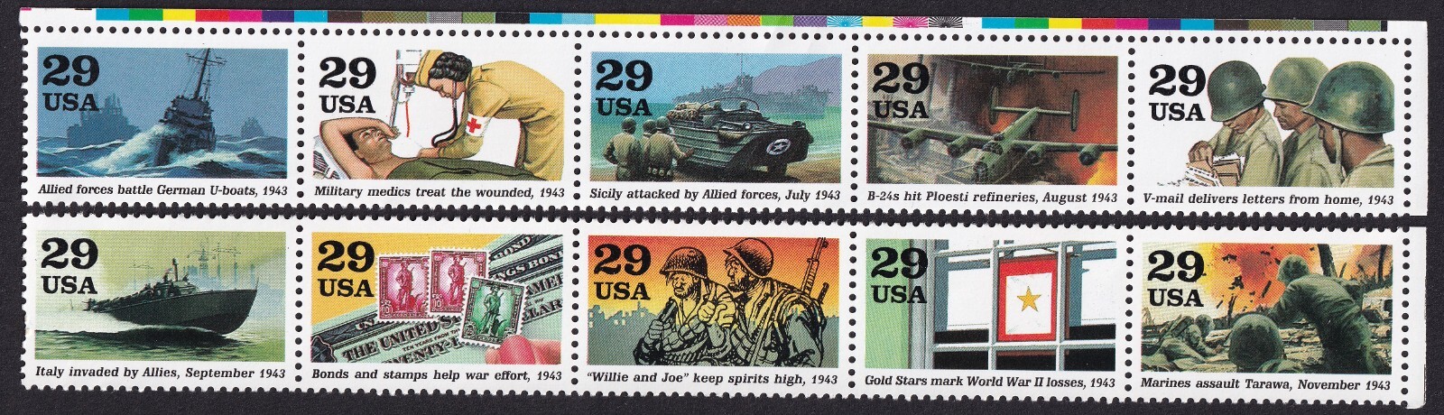 Scott #2765 1943: Turning the Tide Strips of 5 Stamps (10 total) - MNH