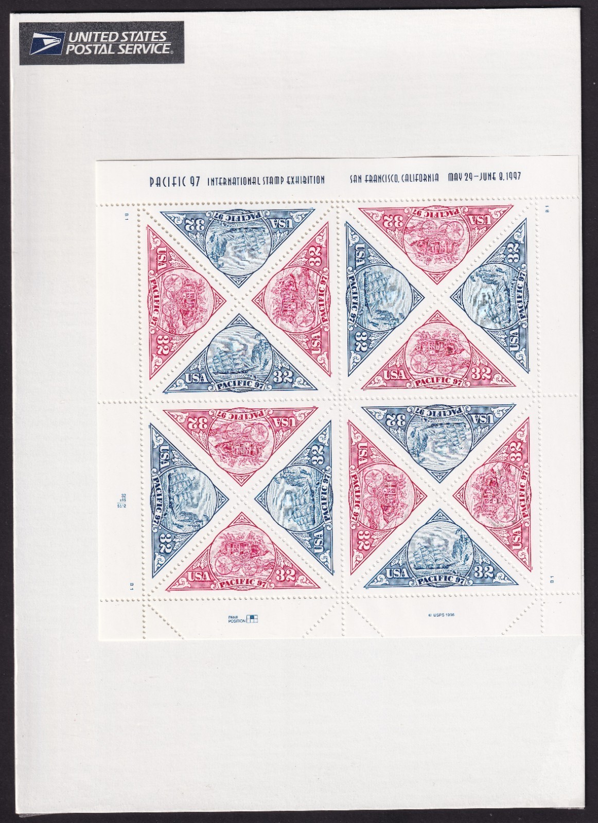 Scott #3130-3131a Stamp Triangle - Ship & StageCoach Sheet of 16 Stamps - Sealed