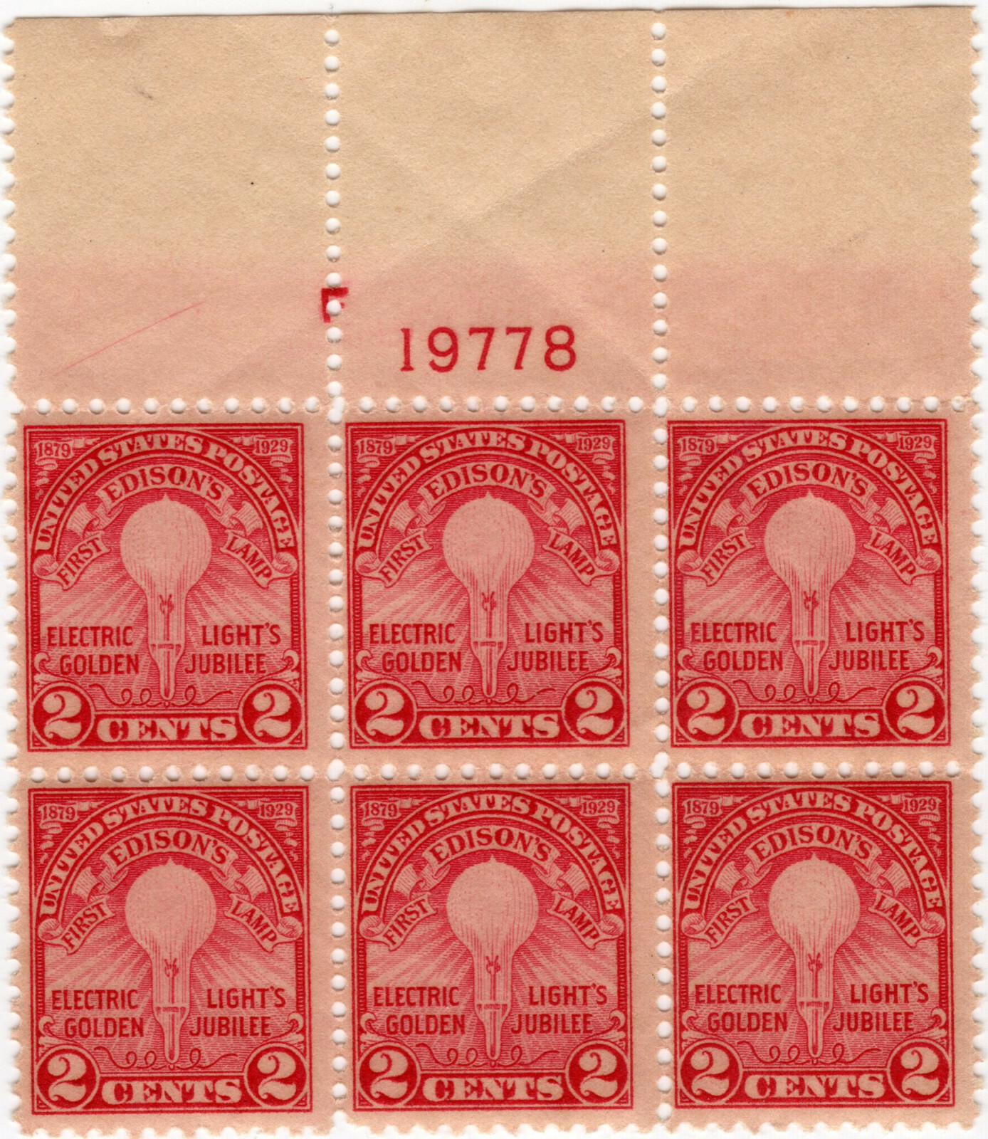 Scott #654 Edison's Lamp Plate Block of 6 Stamps - MNH P#19778