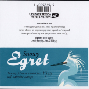 Scott #3830De Snowy Egret w/USPS Microprinting Booklet of 20 Stamps MNH P#P33333