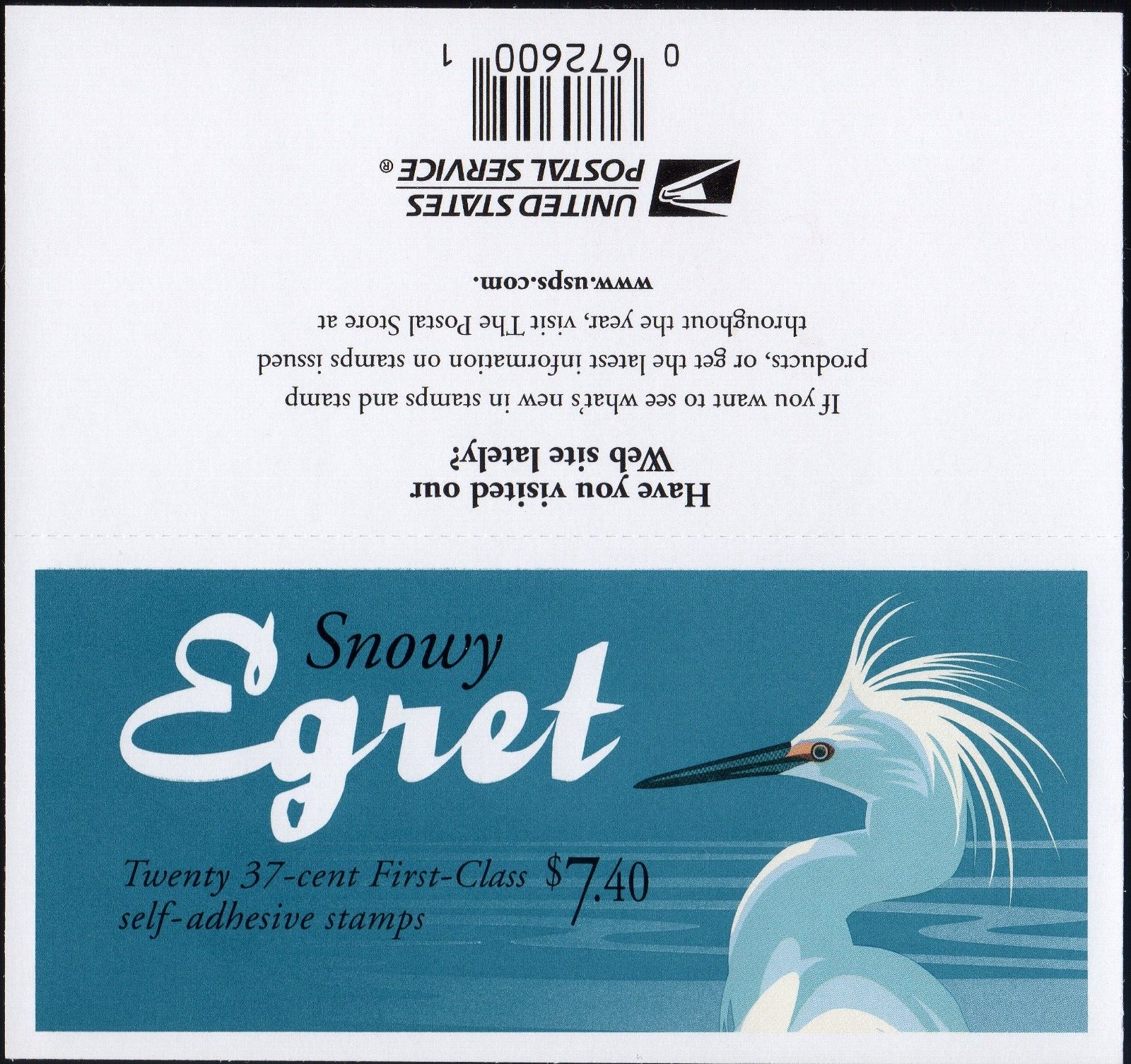 Scott #3830De Snowy Egret w/USPS Microprinting Booklet of 20 Stamps MNH P#P33333