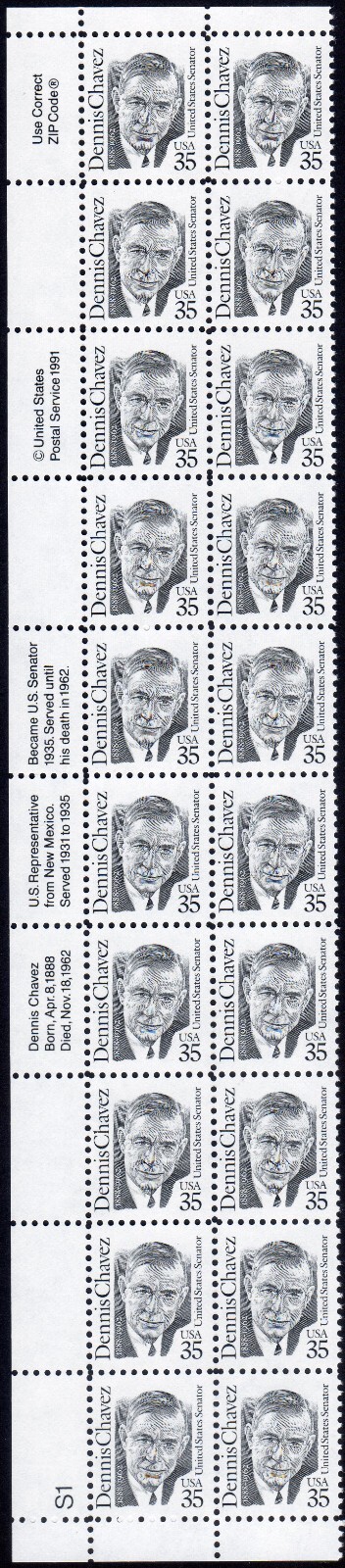 Scott #2186 Dennis Chavez Plate Block Of 20 Stamps - MNH #S1 LL