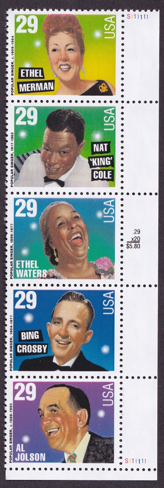 Scott #2853a (2849-53) Popular Singers Plate # Strip of 5 Stamps - MNH LR