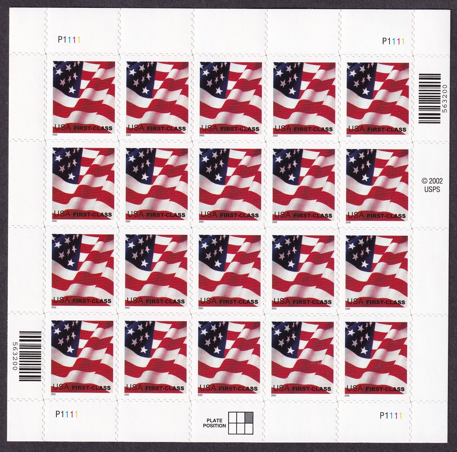 Scott #3621 Waving Flag Sheet of 20 Stamps - MNH P#P1111