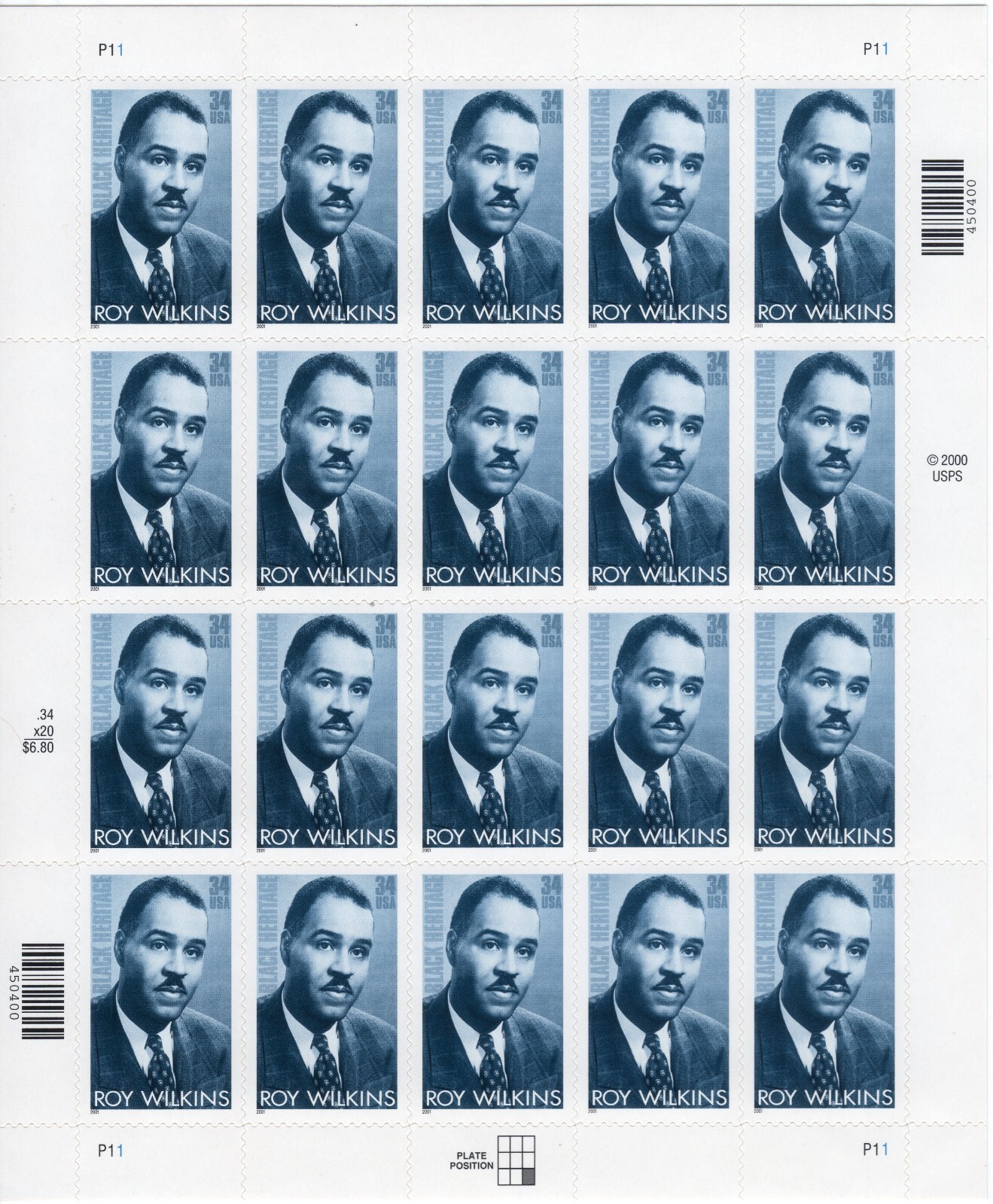 Scott #3501 - Roy Wilkins (Black Heritage) Sheet Of 20 Stamps - MNH