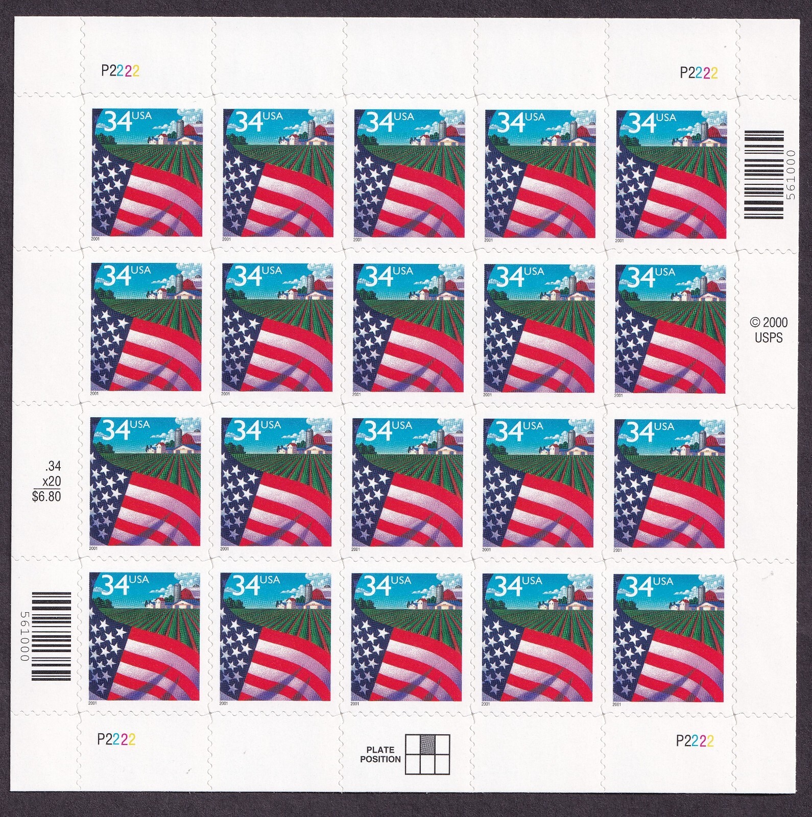 Scott #3470 Flag Over Farm Sheet Of 20 Stamps - MNH P#P2222