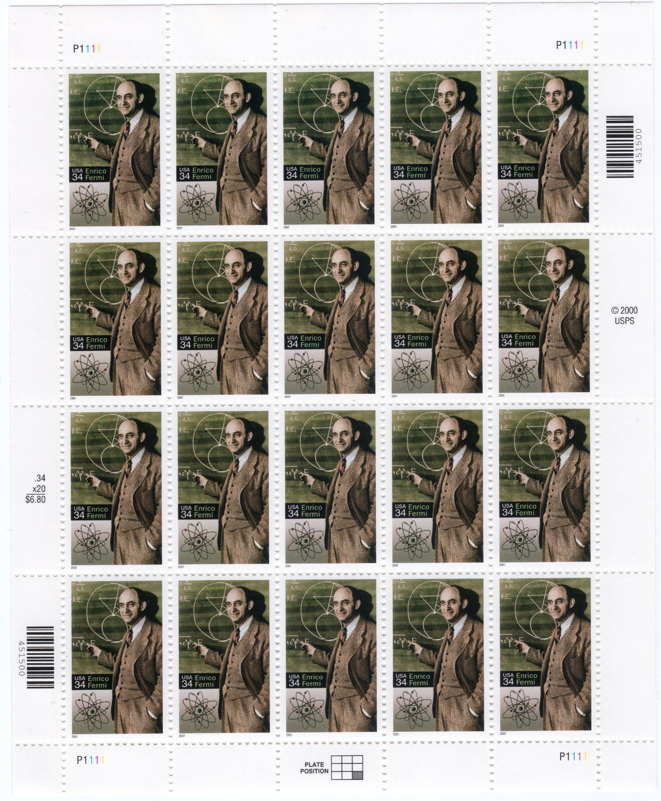 Scott #3533 Enrico Fermi (Particle Physics) Full Sheet of 20 Stamps - MNH