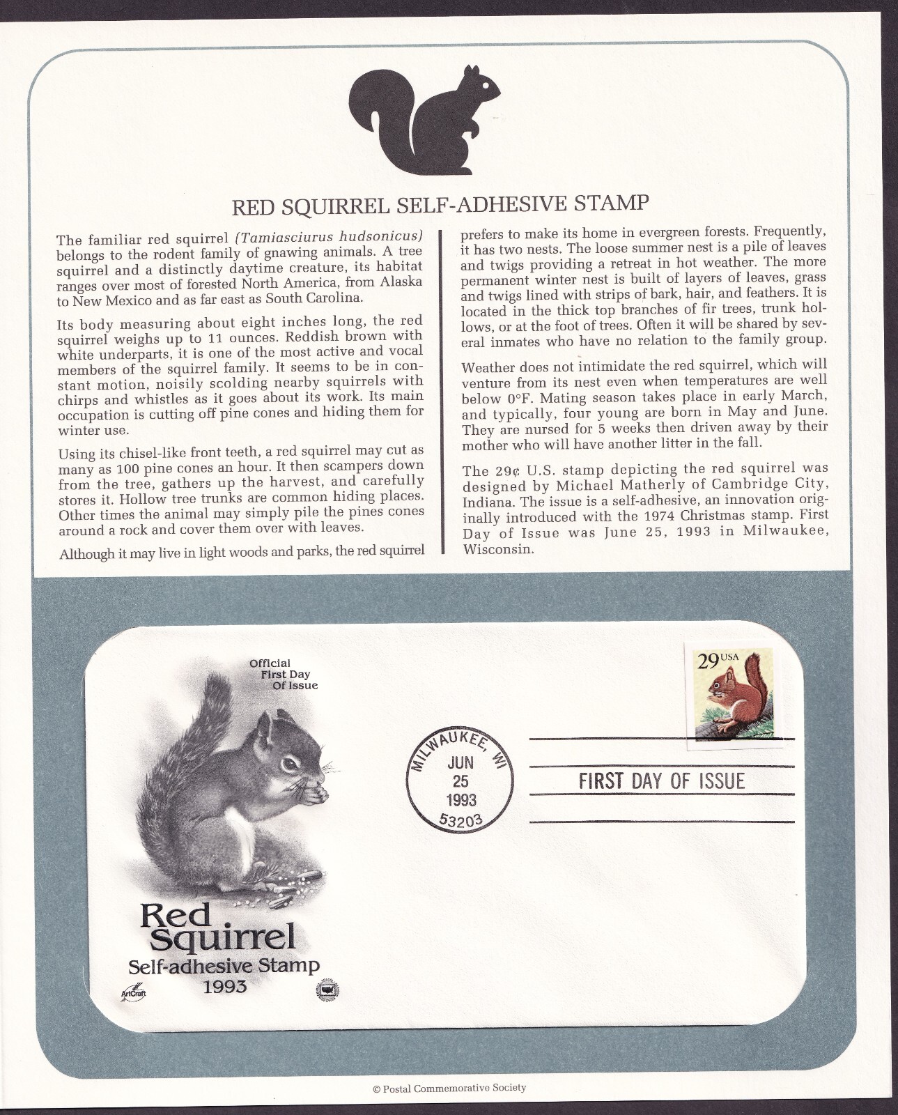 Scott #2489 Squirrel Artcraft FDC Milwaukee, WI 06/25/1993 Postal Commemorative