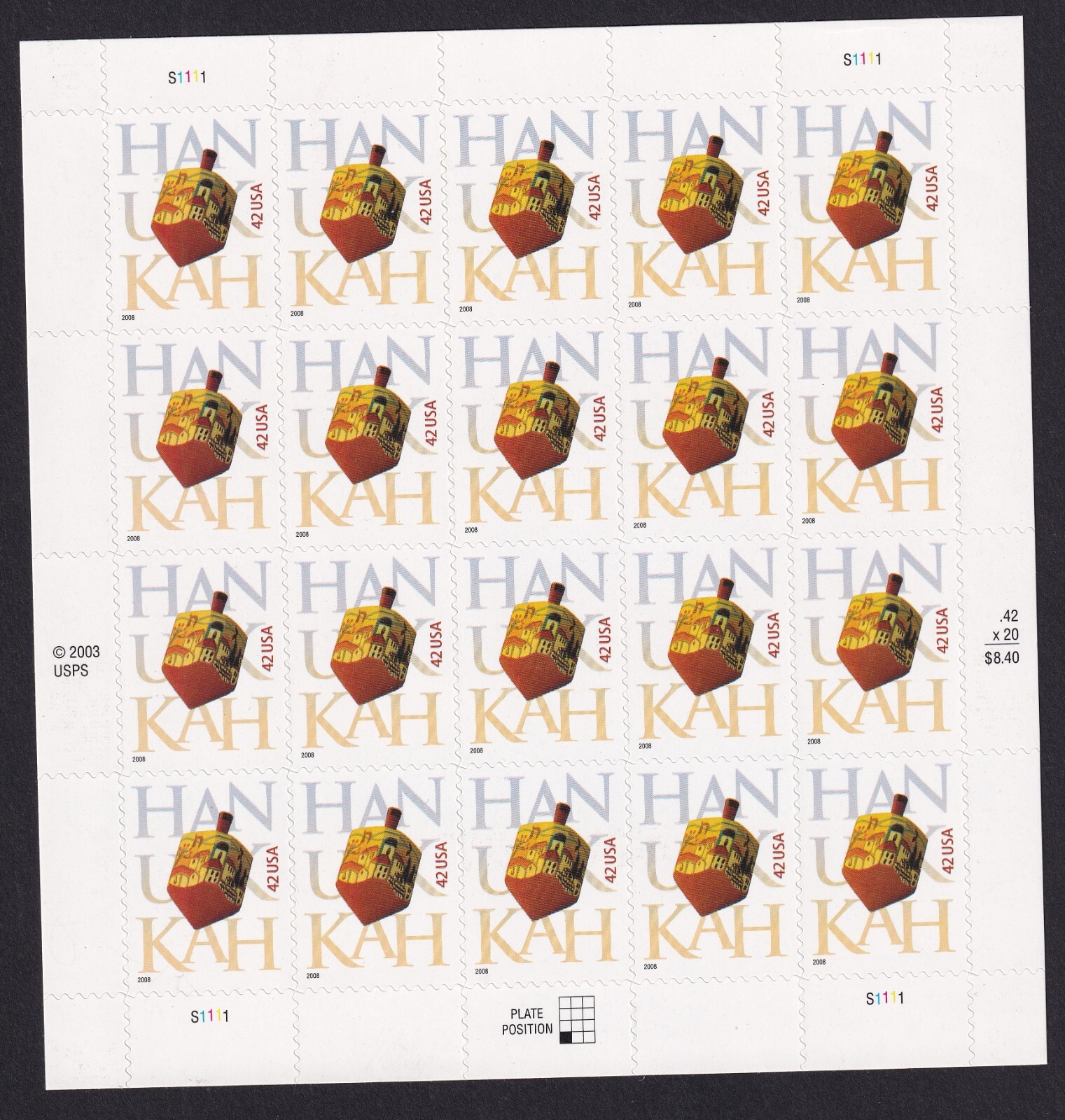 Scott #4372 Hanukkah (Jewish Holiday) Full Sheet of 20 Stamps - MNH