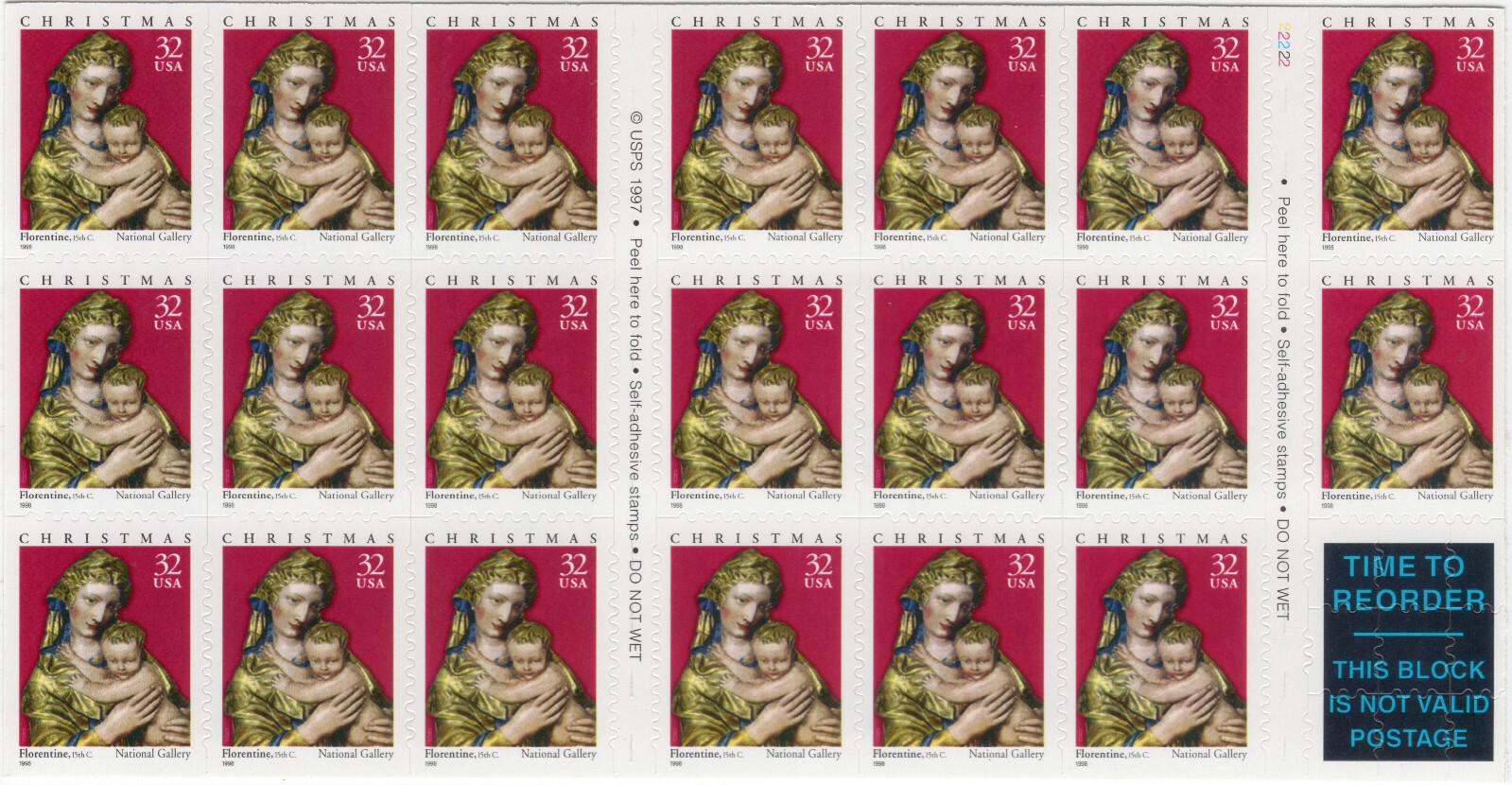 Scott #3244a MADONNA & CHILD (FLORENTINE) Booklet of 20 Stamps - MNH P#2222