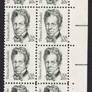 Scott #1861 Thomas H. Gallaudet Plate Block of 20 Stamps - MNH P#2 LR