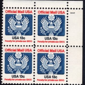 Scott #O129 Official Mail Plate Block of 4 Stamps - MNH P#1