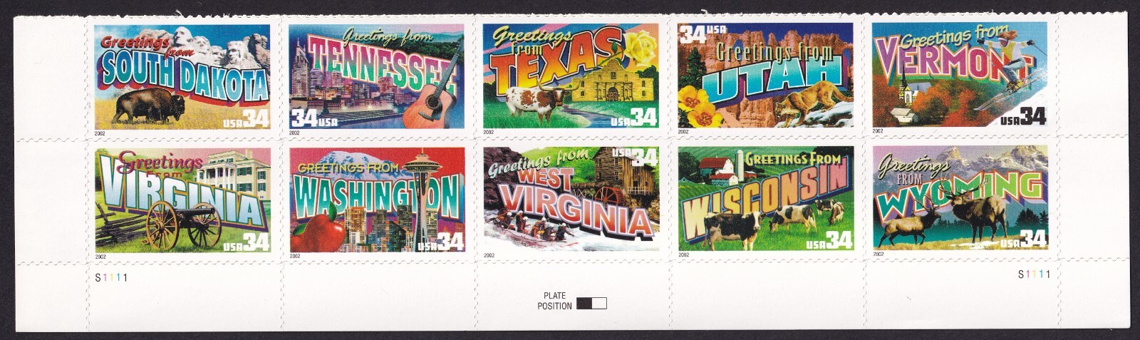 SCOTT #3601-3610 Greetings America Strip of 10 Stamps (S-W) - MNH