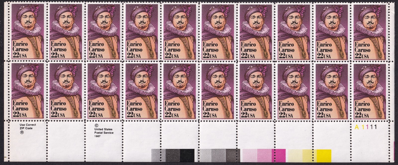 Scott #2250 Enrico Caruso Plate Block of 20 Stamps - MNH