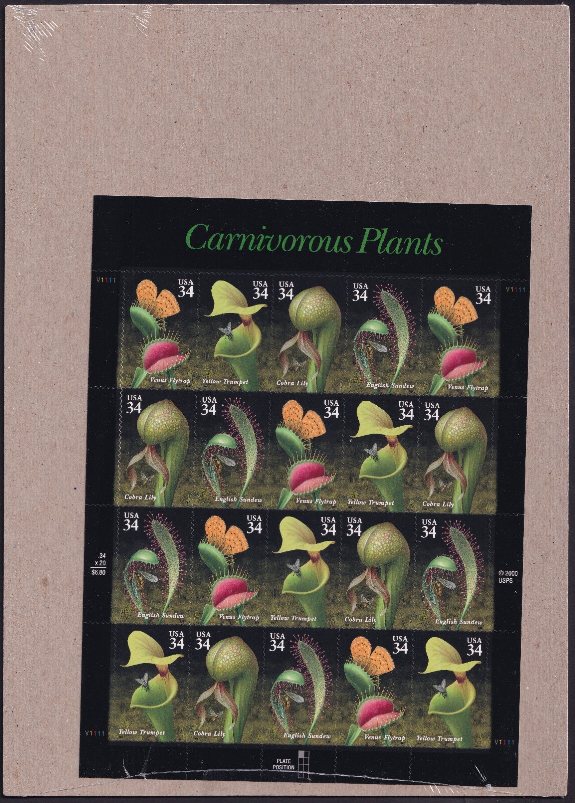 Scott #3531a (3528-3531) Carnivorous Plants Sheet of 20 Stamps - Sealed Brown