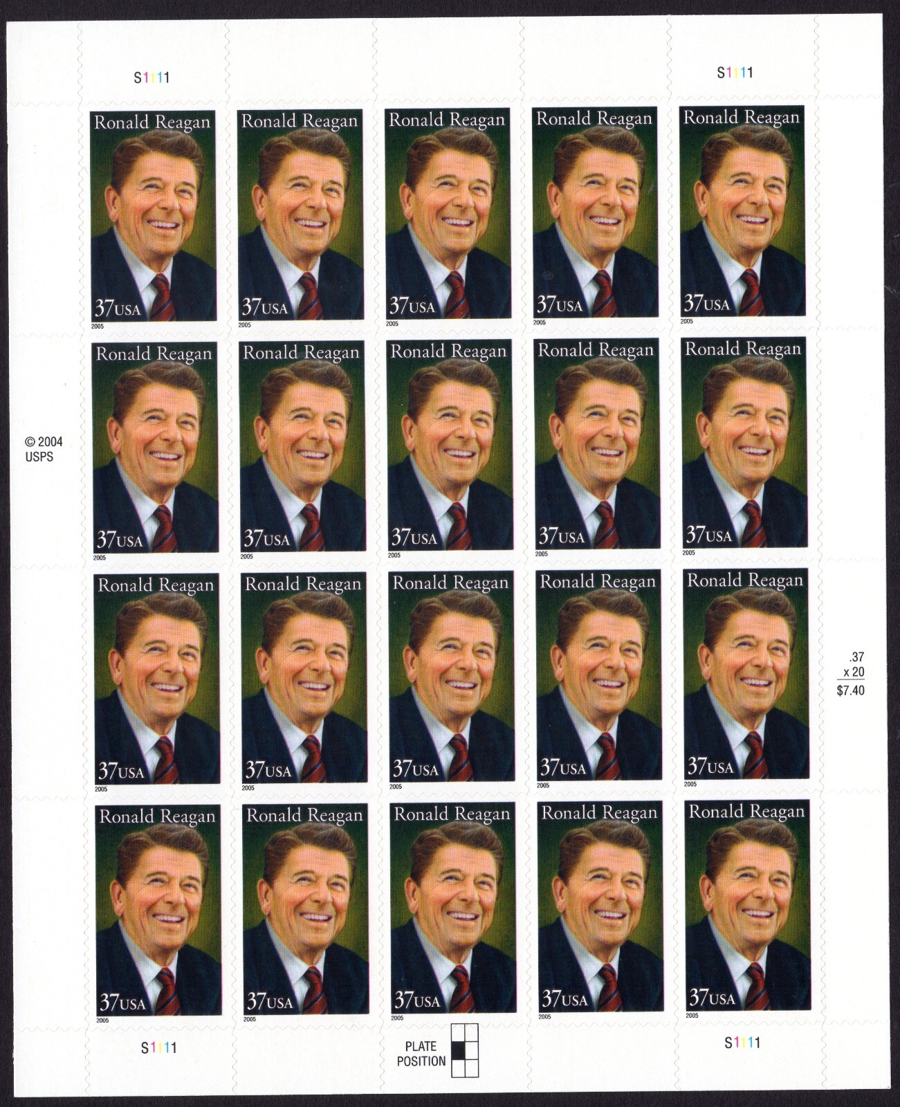 Scottt #3897 Ronald Reagan (California Governor) Sheet of 20 Stamps - MNH