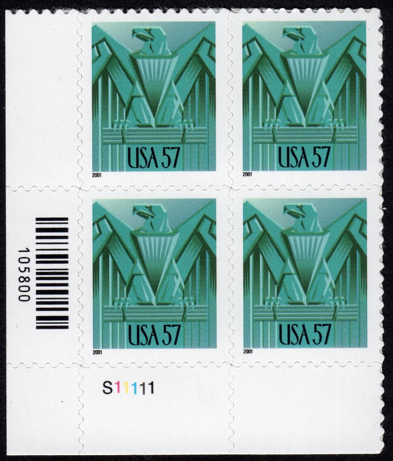 Scott #3471A Eagle Art Deco Plate Block of 4 Stamps - MNH