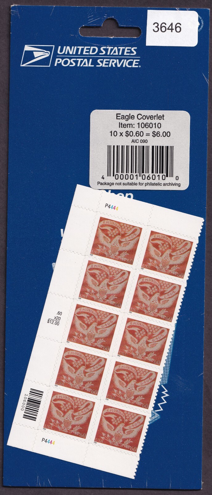 Scott #3646 Eagle Coverlet Half Sheet of 10 Stamps- Sealed P#P4444 Left