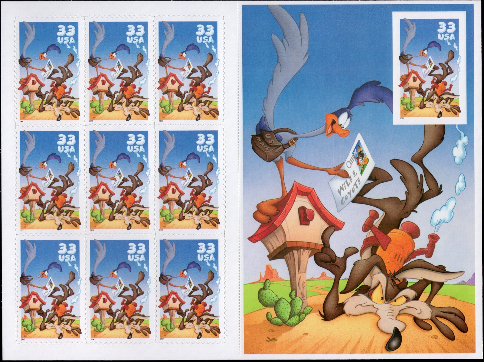 Scott #3392 Road Runner & Wile E. Coyote Sheet of 10 Stamps - Imperf