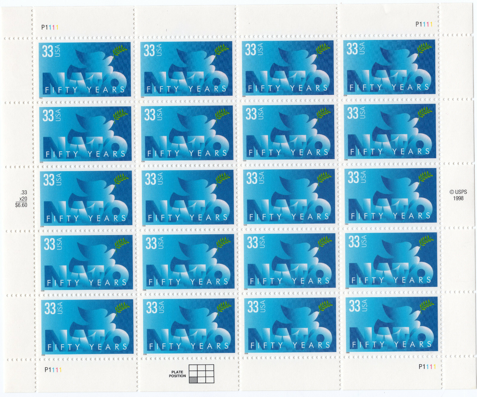 Scott #3354 NATO 50th Full Sheet of 20 Stamps - MNH