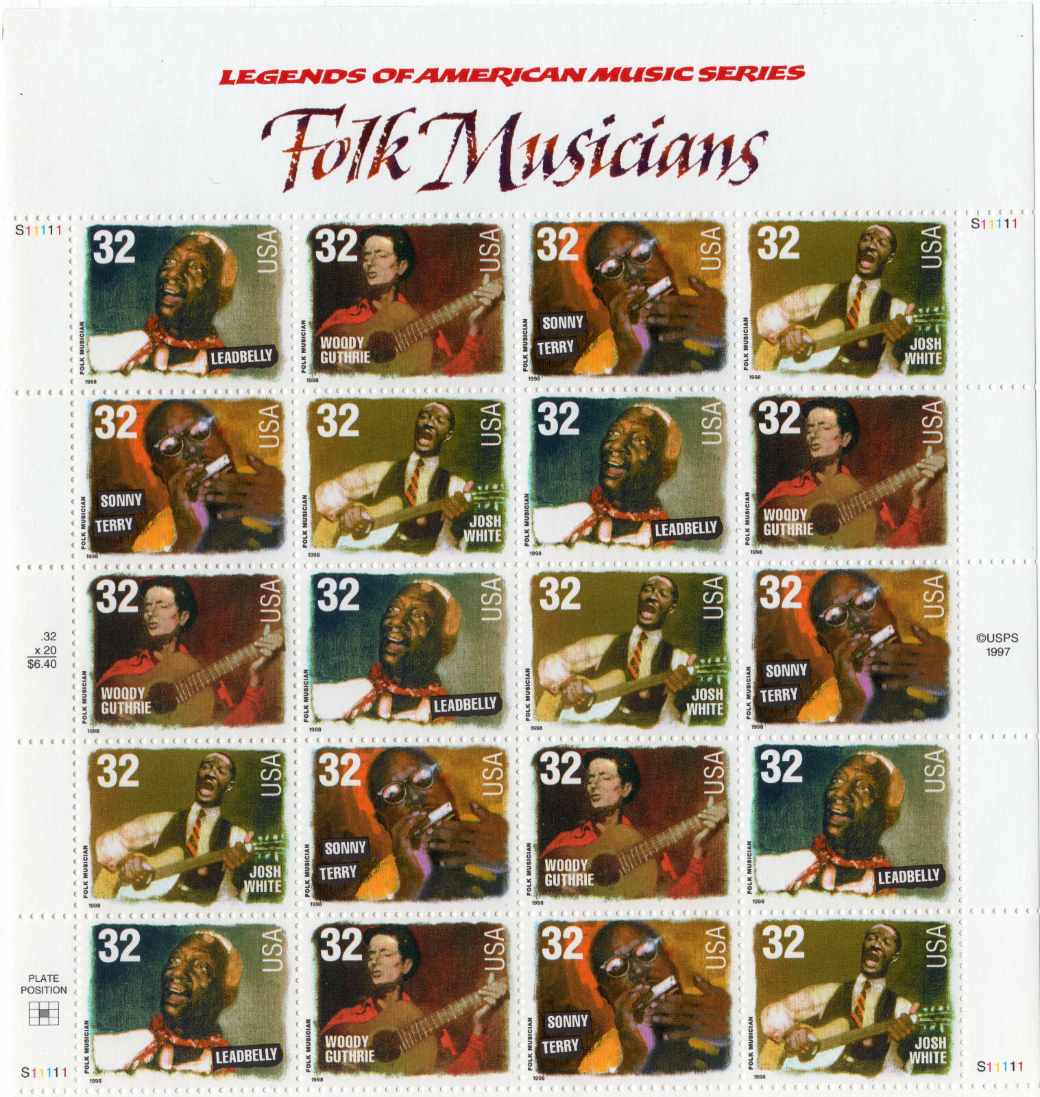 Scott #3215a (3212-3215) Folk Musicians Sheet of 20 Stamps - MNH