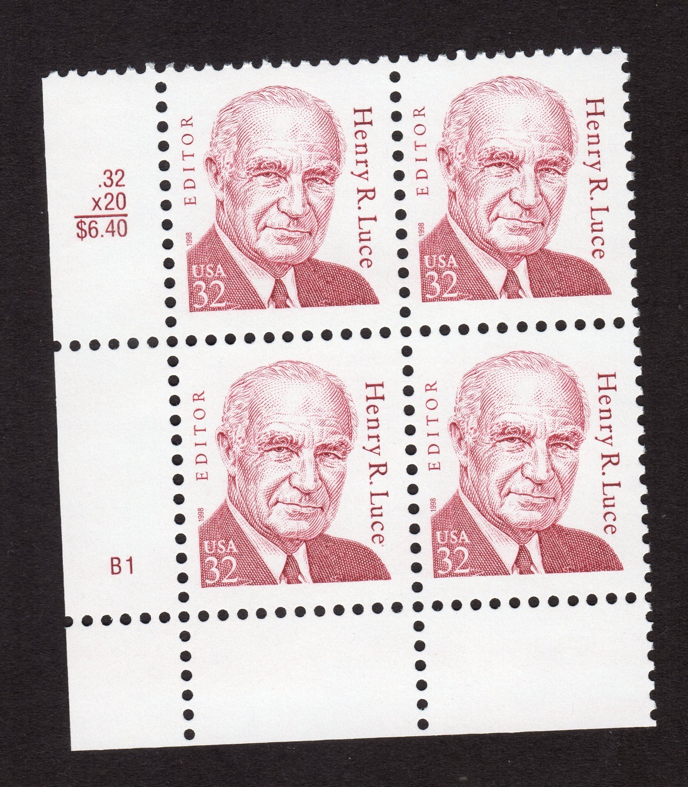Scott #2935 Henry R. Luce Plate Block of 4 Stamps - MNH